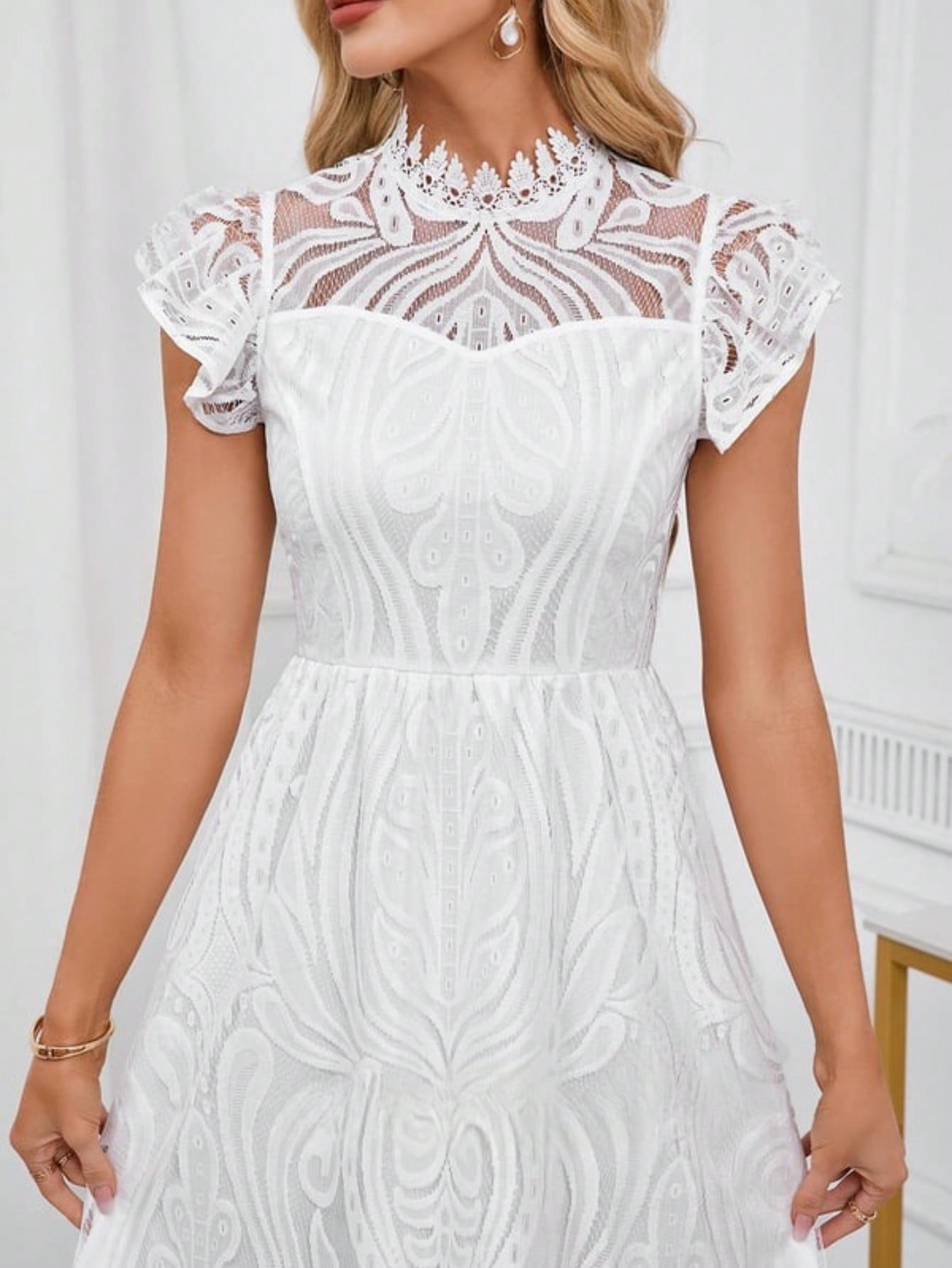 High Neck Illusion Cap Sleeve A-Line Lace Midi Dress