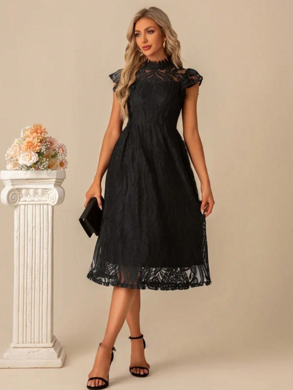 High Neck Illusion Cap Sleeve A-Line Lace Midi Dress