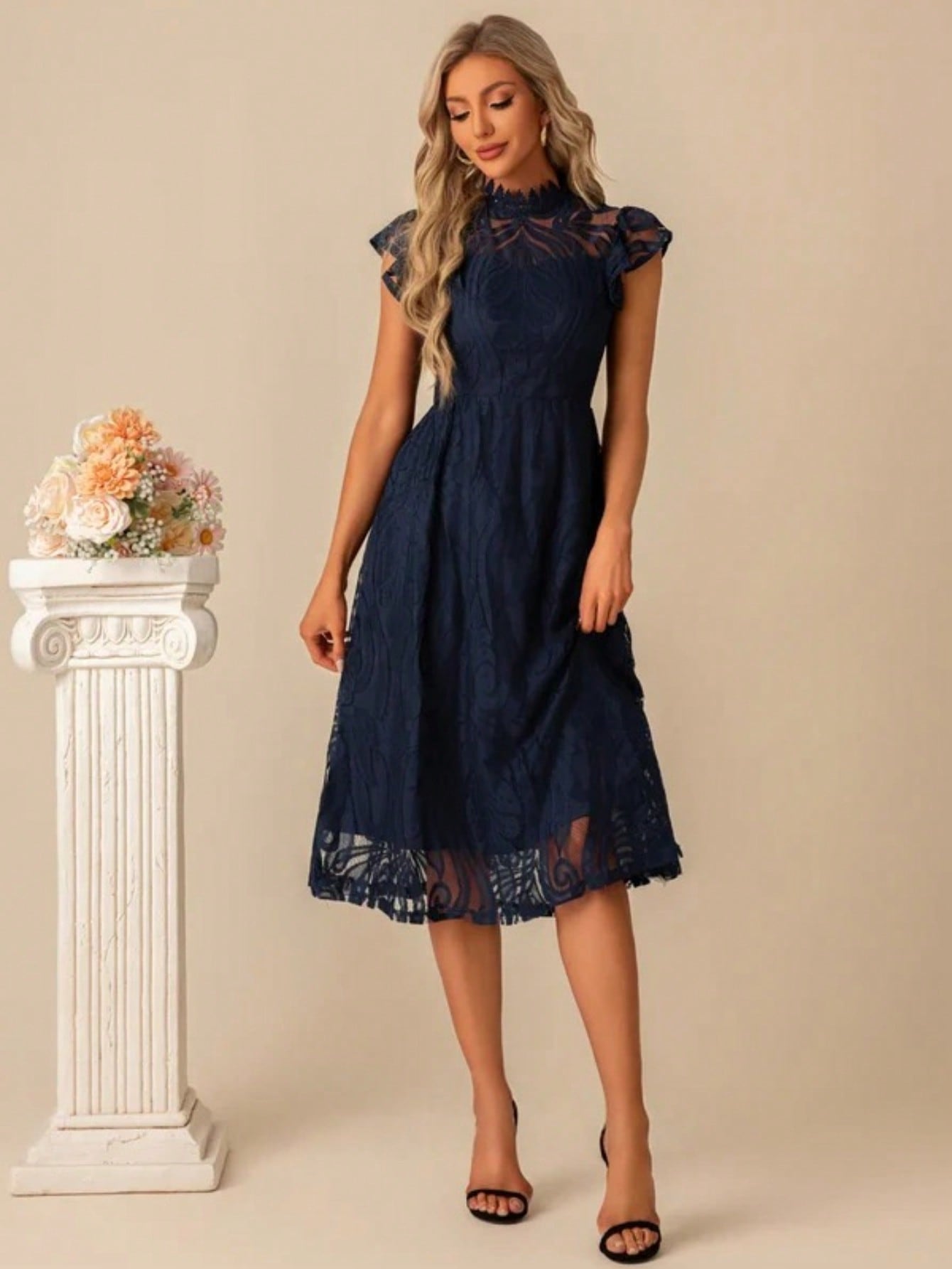 High Neck Illusion Cap Sleeve A-Line Lace Midi Dress