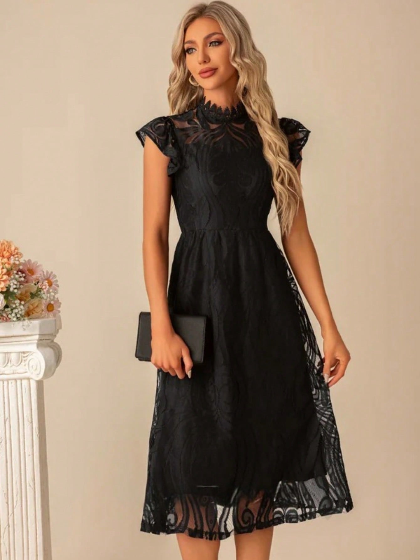 High Neck Illusion Cap Sleeve A-Line Lace Midi Dress