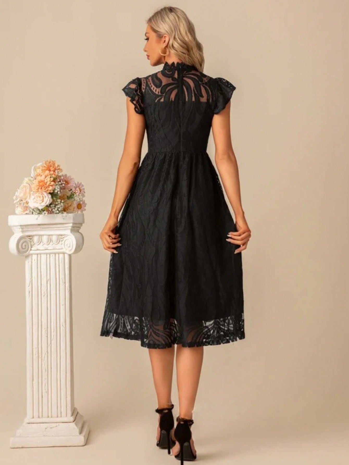 High Neck Illusion Cap Sleeve A-Line Lace Midi Dress