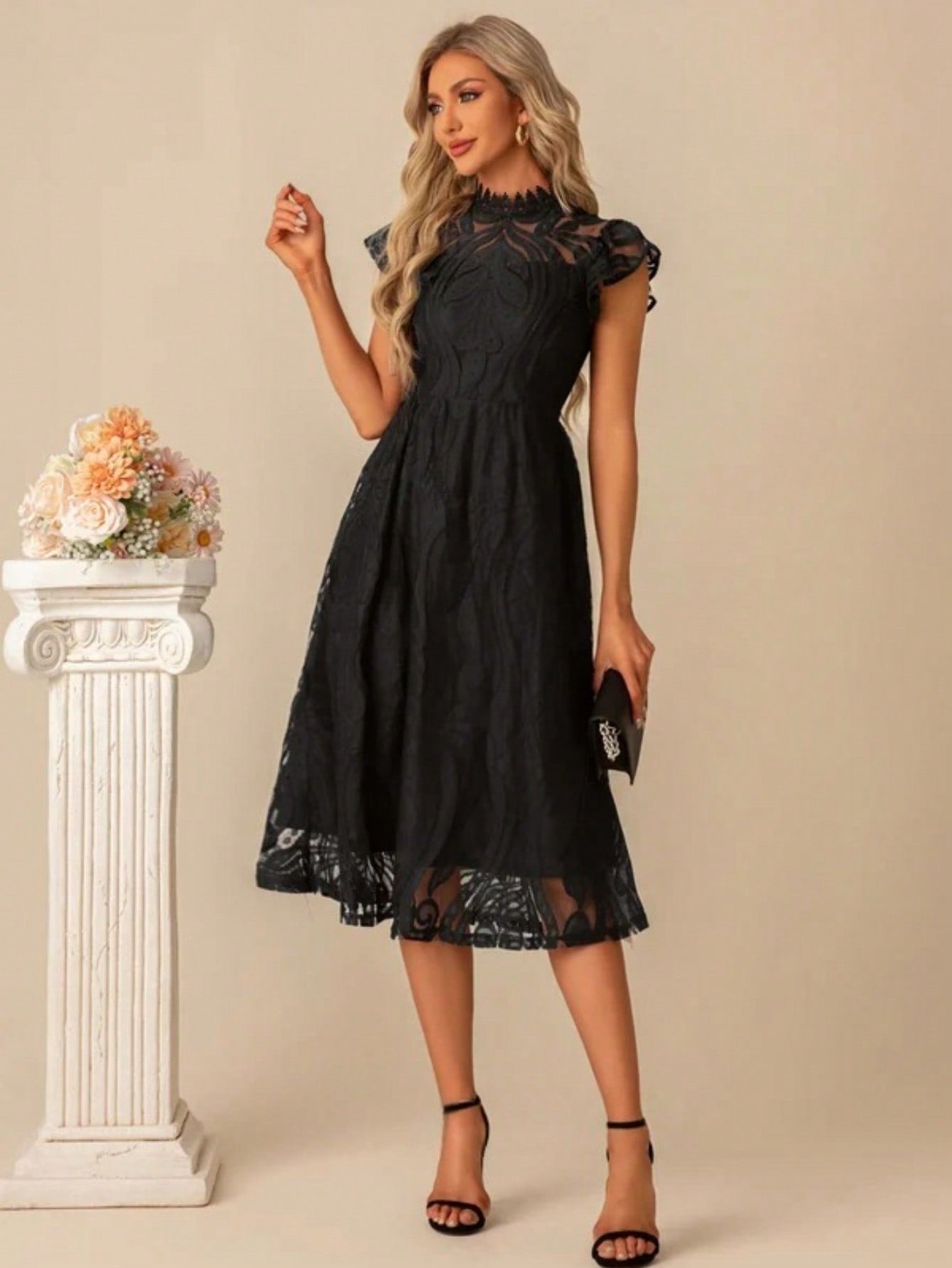 High Neck Illusion Cap Sleeve A-Line Lace Midi Dress