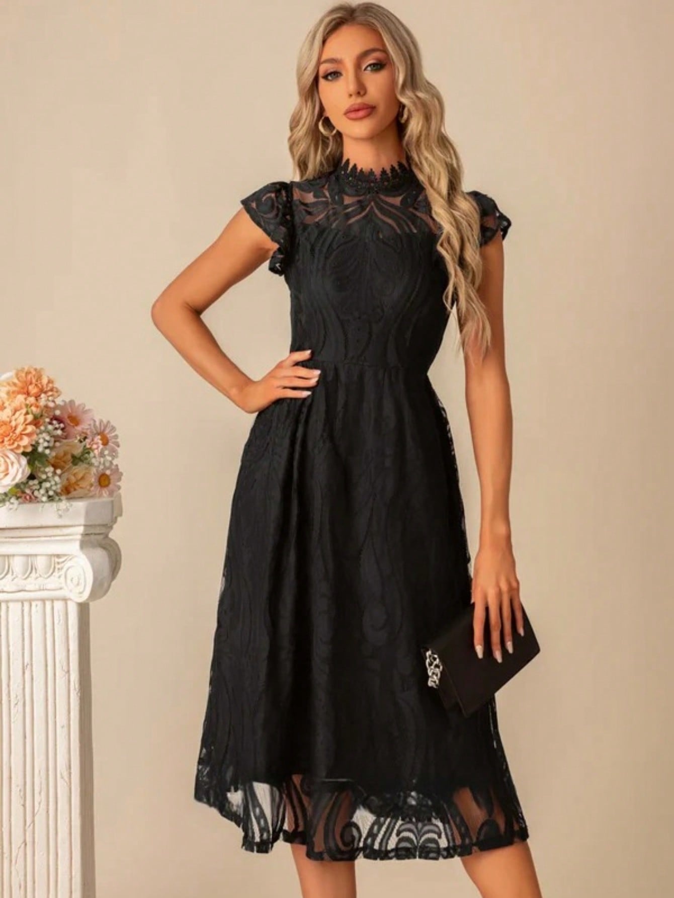 High Neck Illusion Cap Sleeve A-Line Lace Midi Dress