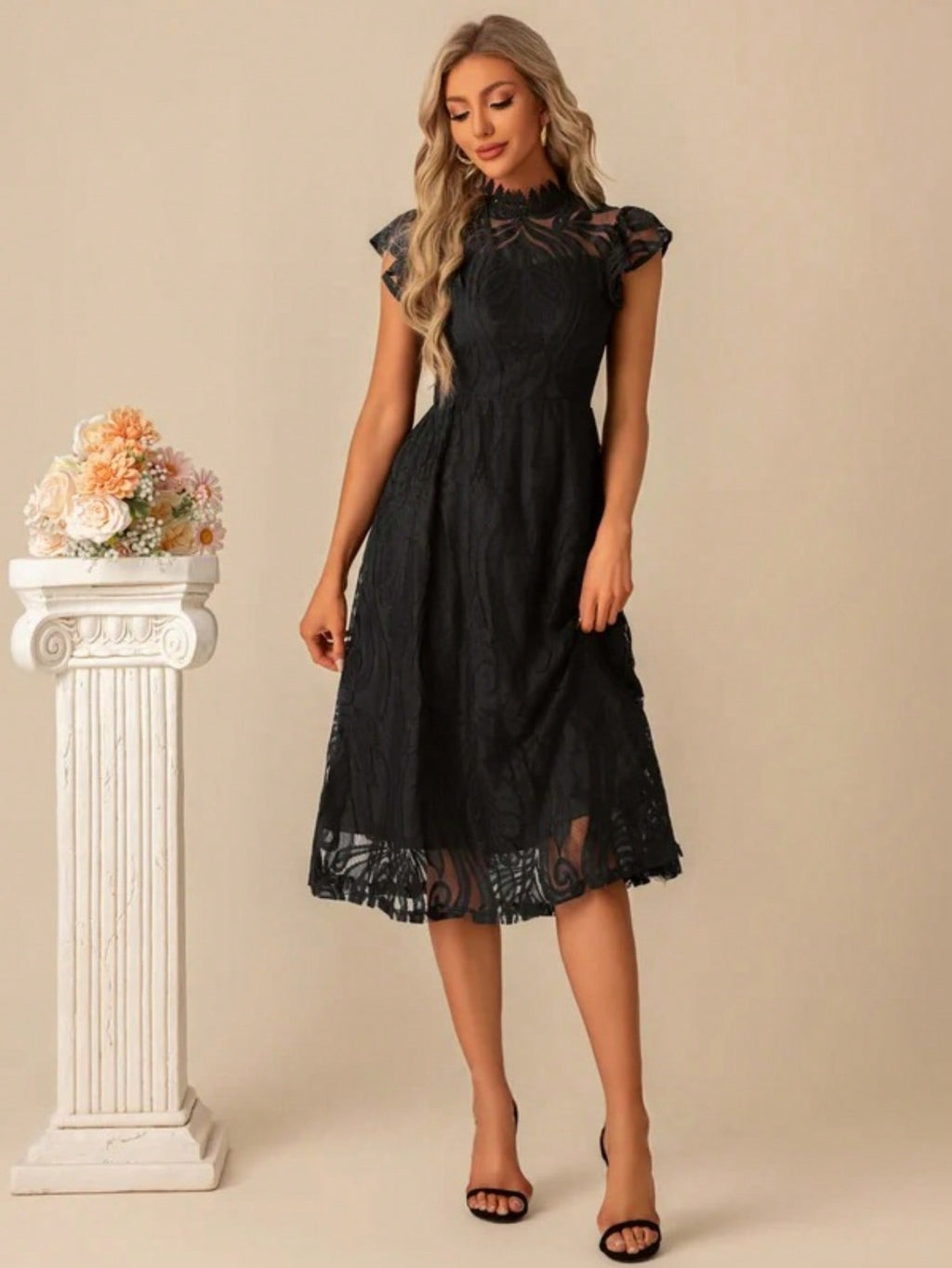 High Neck Illusion Cap Sleeve A-Line Lace Midi Dress