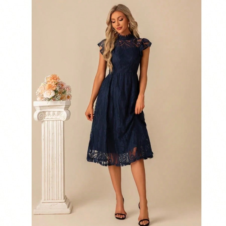 High Neck Illusion Cap Sleeve A-Line Lace Midi Dress