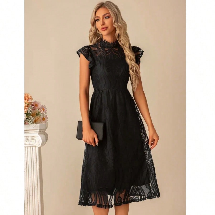 High Neck Illusion Cap Sleeve A-Line Lace Midi Dress