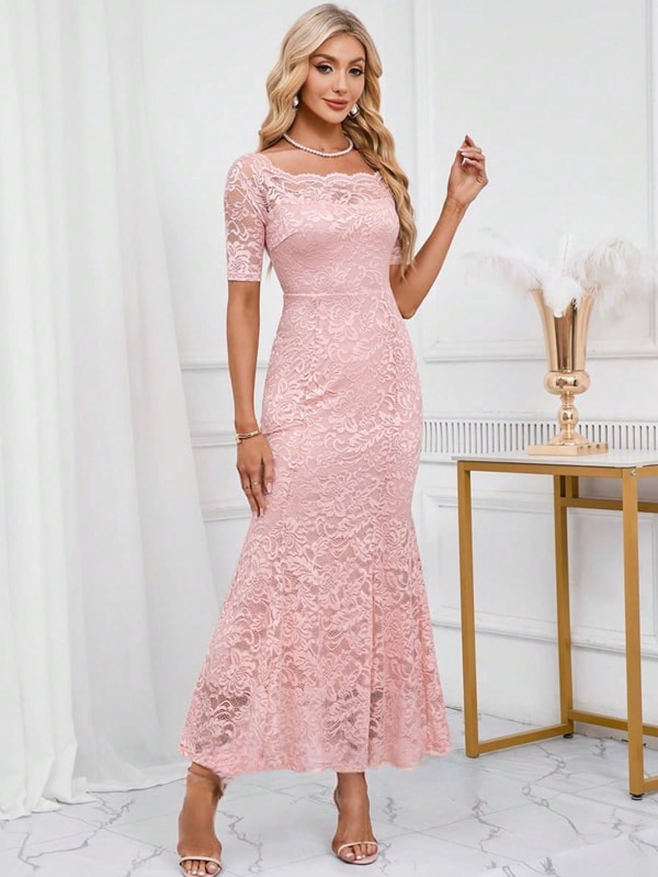 Off The Shoulder Trumpet/Mermaid Lace Maxi Dress  Plain    Elegant    Hollow Out  Zipper  Ruffle Hem    Wedding