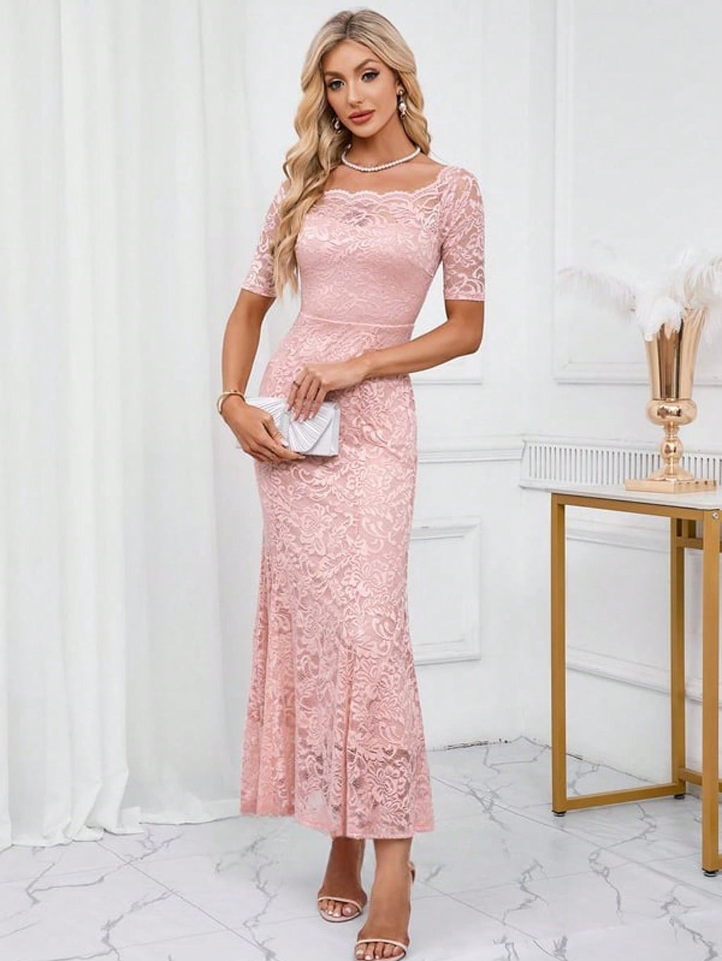 Off The Shoulder Trumpet/Mermaid Lace Maxi Dress  Plain    Elegant    Hollow Out  Zipper  Ruffle Hem    Wedding