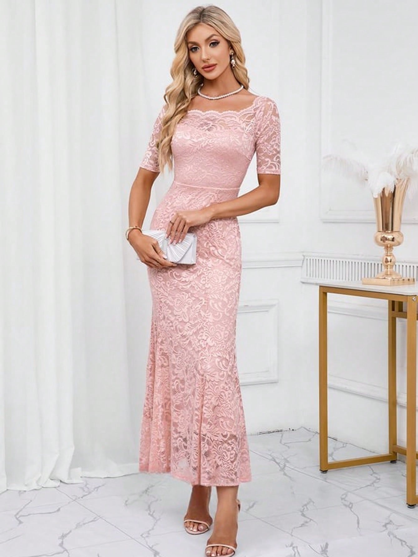 Off The Shoulder Trumpet/Mermaid Lace Maxi Dress  Plain    Elegant    Hollow Out  Zipper  Ruffle Hem    Wedding