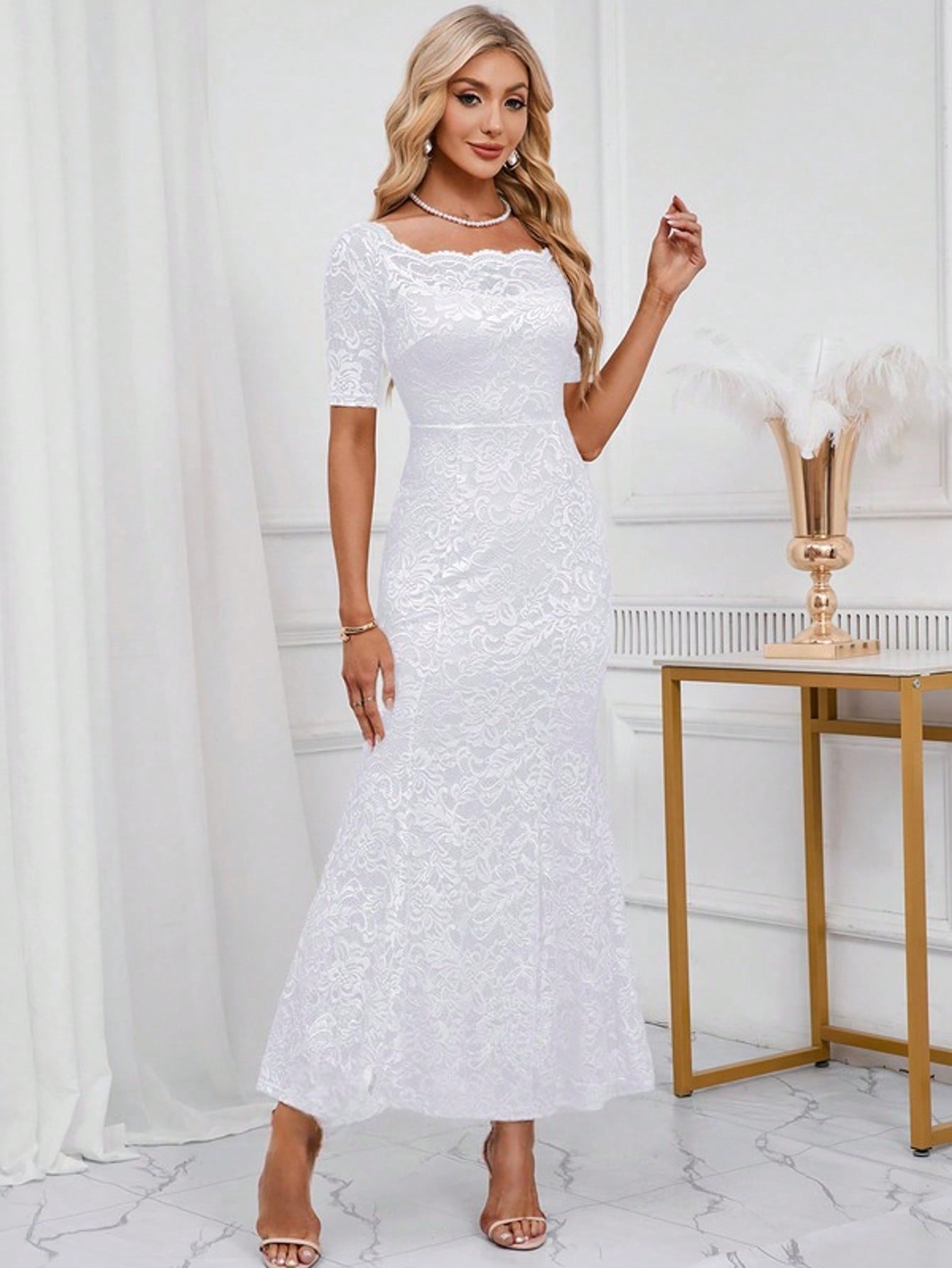 Off The Shoulder Trumpet/Mermaid Lace Maxi Dress  Plain    Elegant    Hollow Out  Zipper  Ruffle Hem    Wedding
