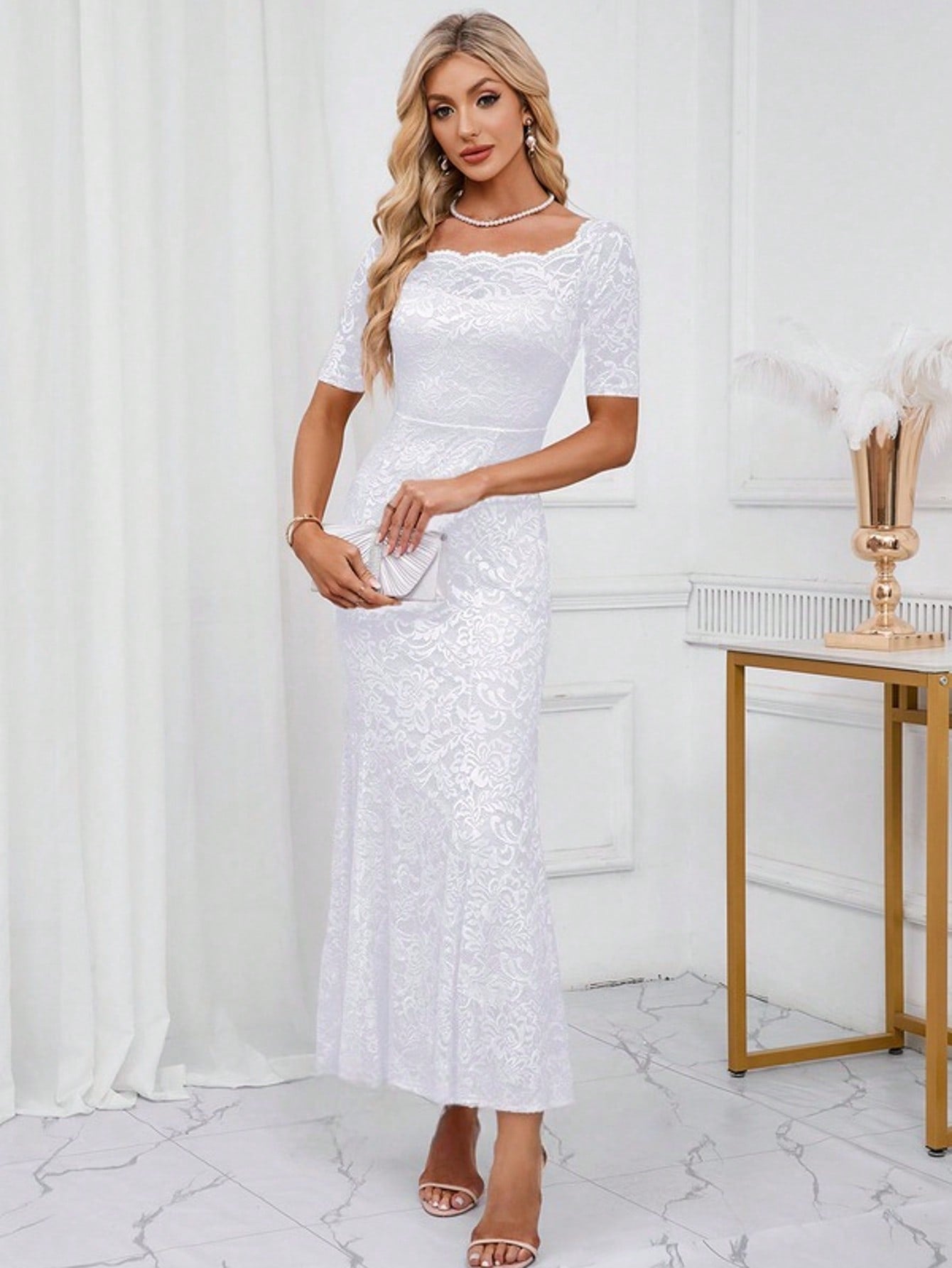 Off The Shoulder Trumpet/Mermaid Lace Maxi Dress  Plain    Elegant    Hollow Out  Zipper  Ruffle Hem    Wedding