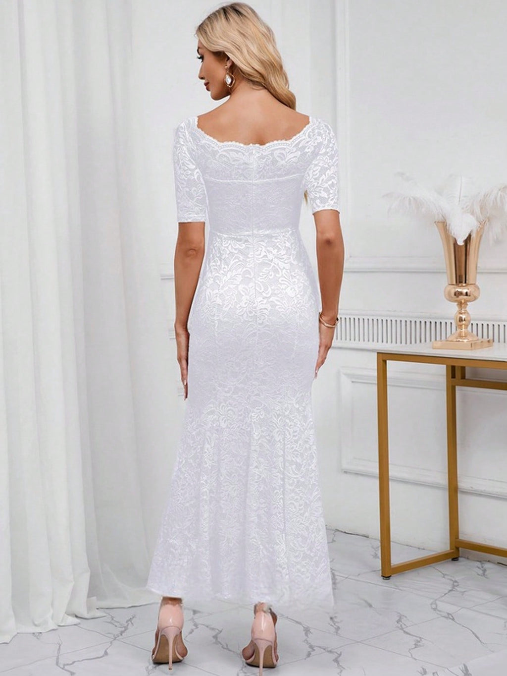 Off The Shoulder Trumpet/Mermaid Lace Maxi Dress  Plain    Elegant    Hollow Out  Zipper  Ruffle Hem    Wedding