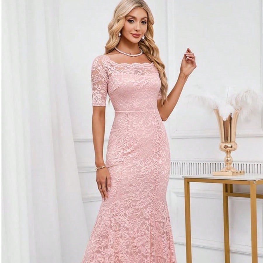 Off The Shoulder Trumpet/Mermaid Lace Maxi Dress  Plain    Elegant    Hollow Out  Zipper  Ruffle Hem    Wedding