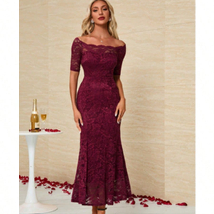 Off The Shoulder Trumpet/Mermaid Lace Maxi Dress  Plain    Elegant    Hollow Out  Zipper  Ruffle Hem    Wedding