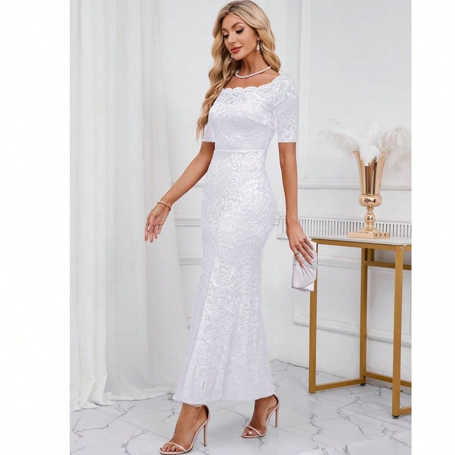 Off The Shoulder Trumpet/Mermaid Lace Maxi Dress  Plain    Elegant    Hollow Out  Zipper  Ruffle Hem    Wedding