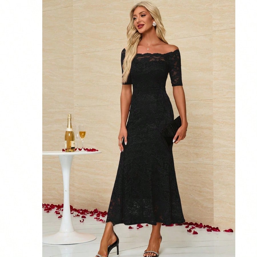 Off The Shoulder Trumpet/Mermaid Lace Maxi Dress  Plain    Elegant    Hollow Out  Zipper  Ruffle Hem    Wedding