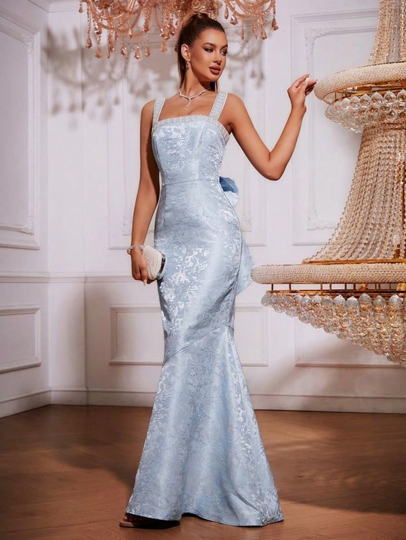 Trumpet/Mermaid Square Floor-Length Sequin Jacquard Prom Dresses With Bow