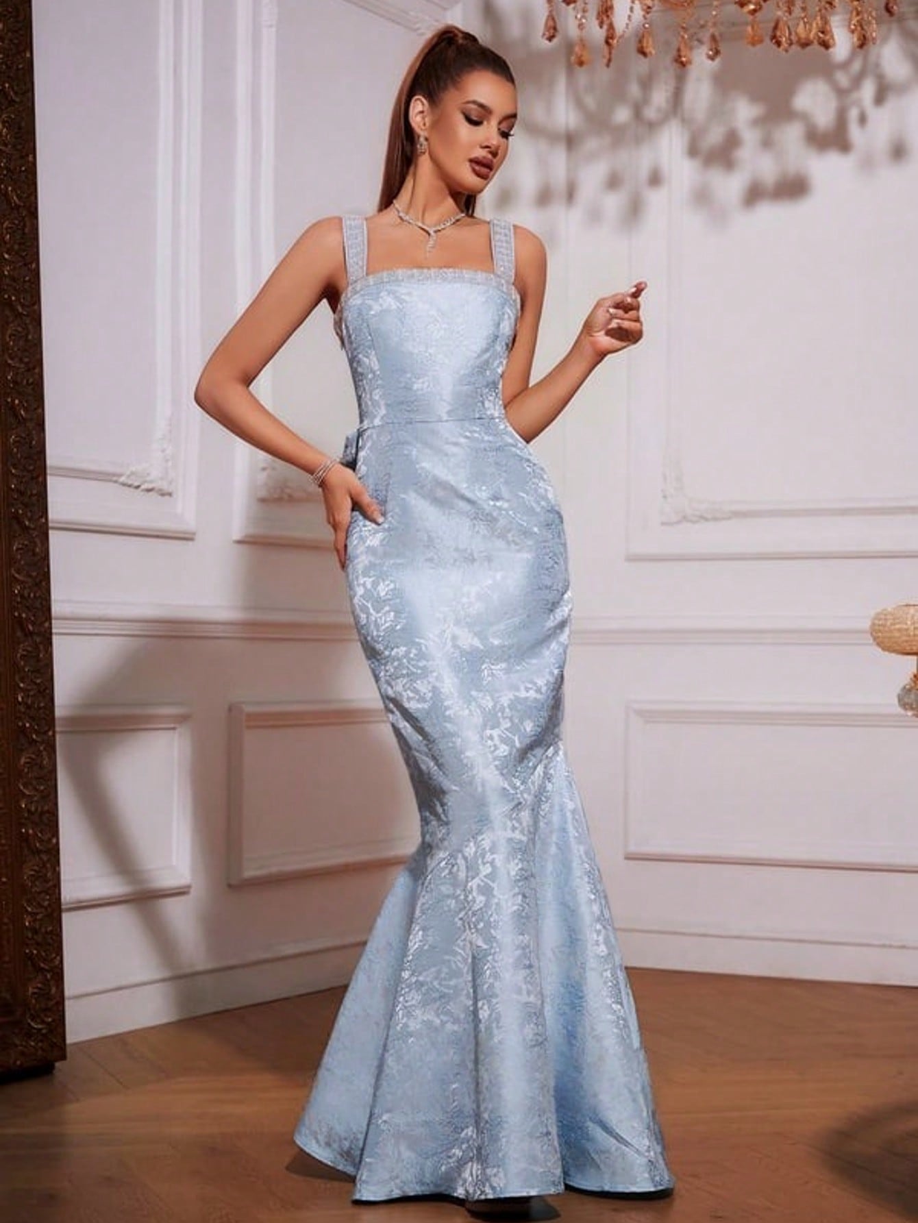 Trumpet/Mermaid Square Floor-Length Sequin Jacquard Prom Dresses With Bow