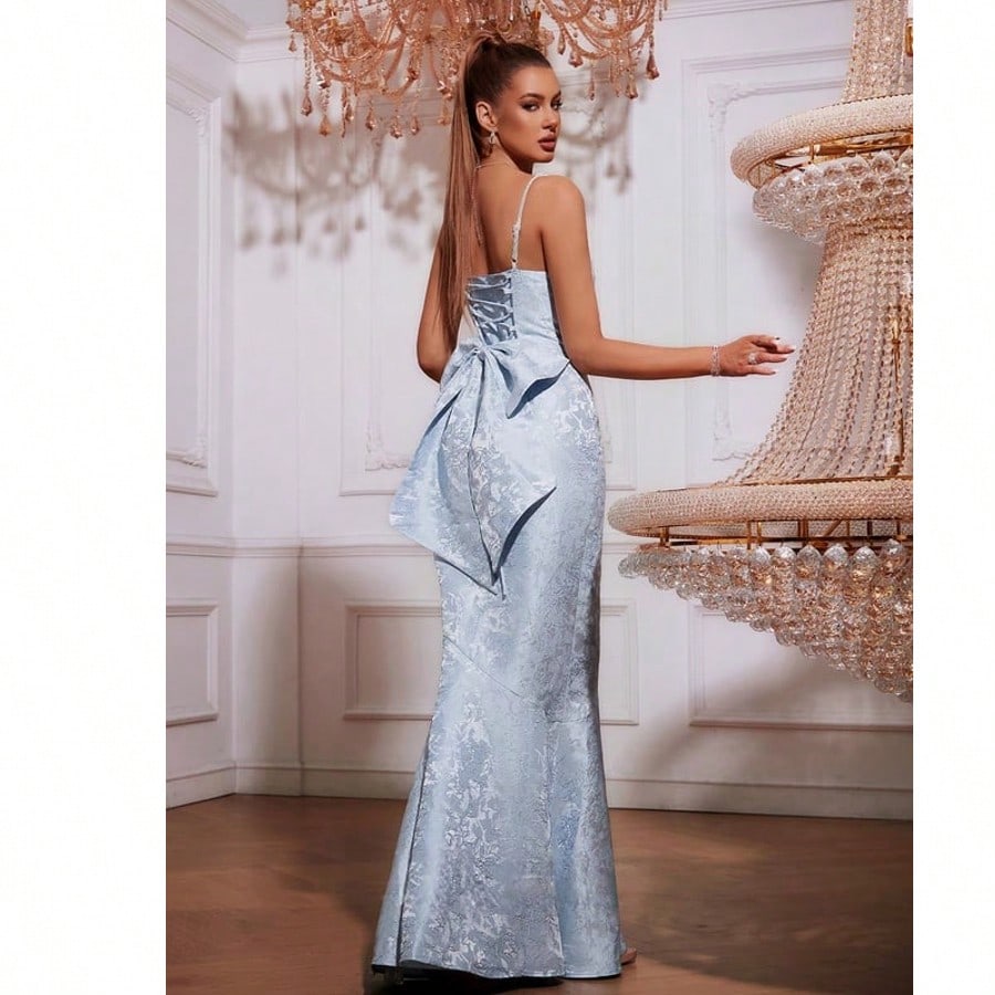 Trumpet/Mermaid Square Floor-Length Sequin Jacquard Prom Dresses With Bow
