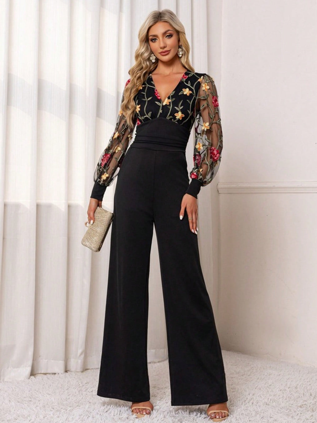 Embroidered V-Neck Long Sleeve Lace Jersey Maxi Jumpsuits
