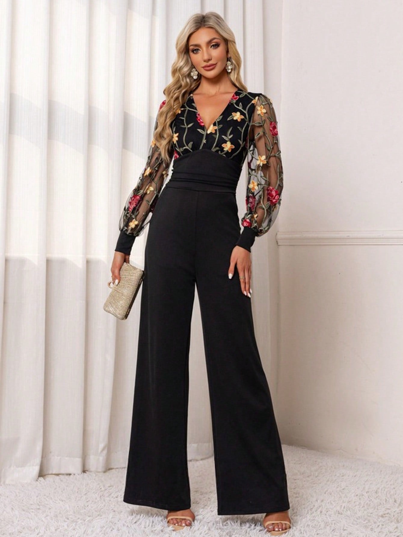 Embroidered V-Neck Long Sleeve Lace Jersey Maxi Jumpsuits