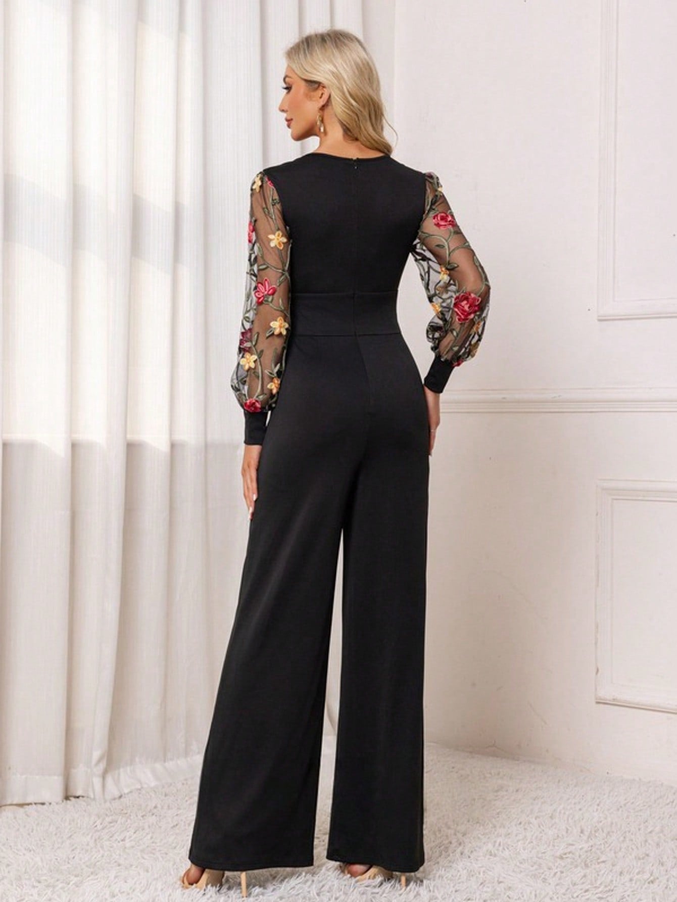 Embroidered V-Neck Long Sleeve Lace Jersey Maxi Jumpsuits