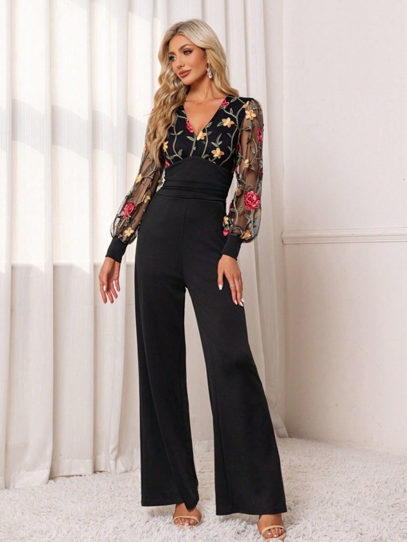 Embroidered V-Neck Long Sleeve Lace Jersey Maxi Jumpsuits