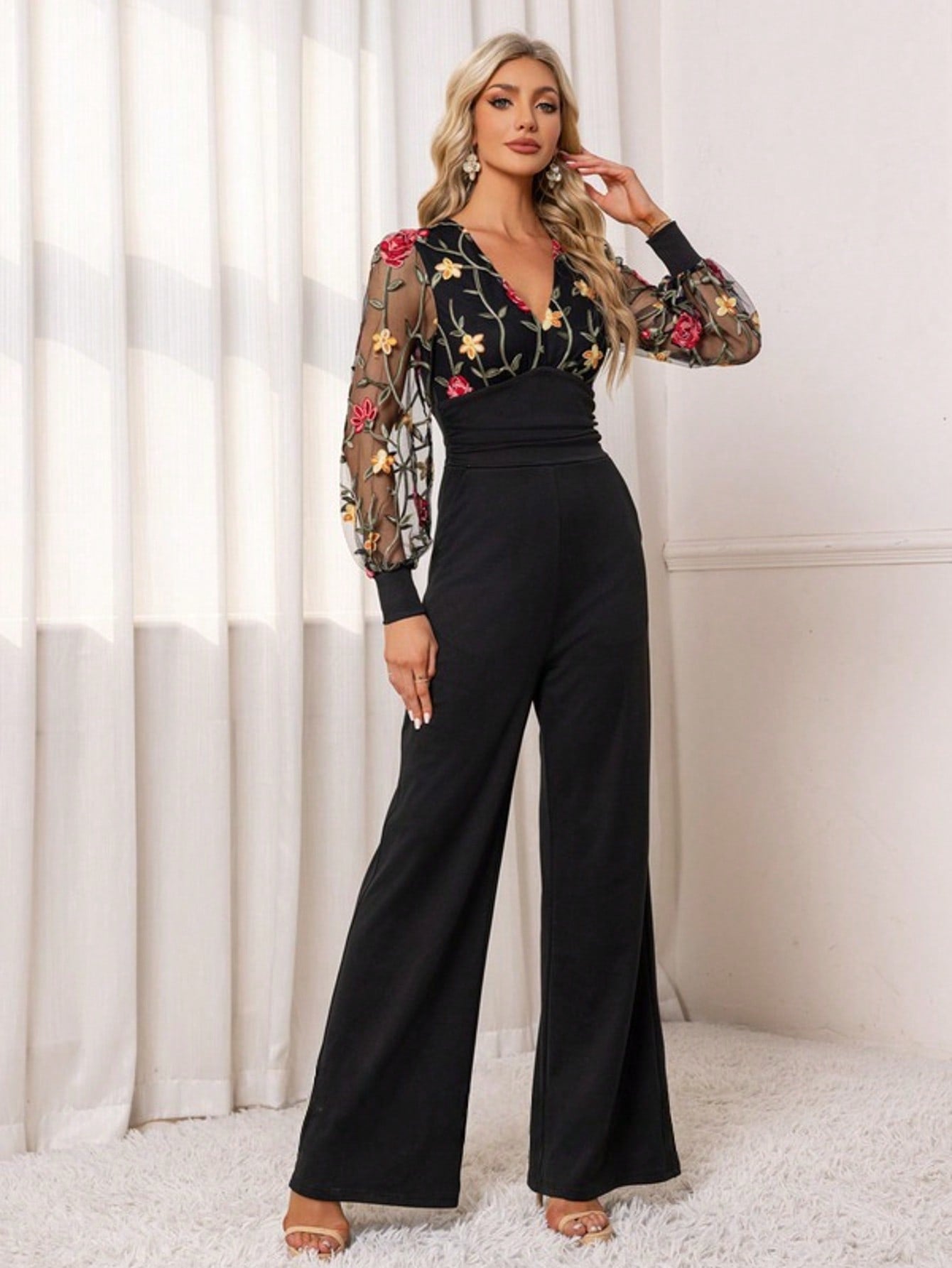 Embroidered V-Neck Long Sleeve Lace Jersey Maxi Jumpsuits