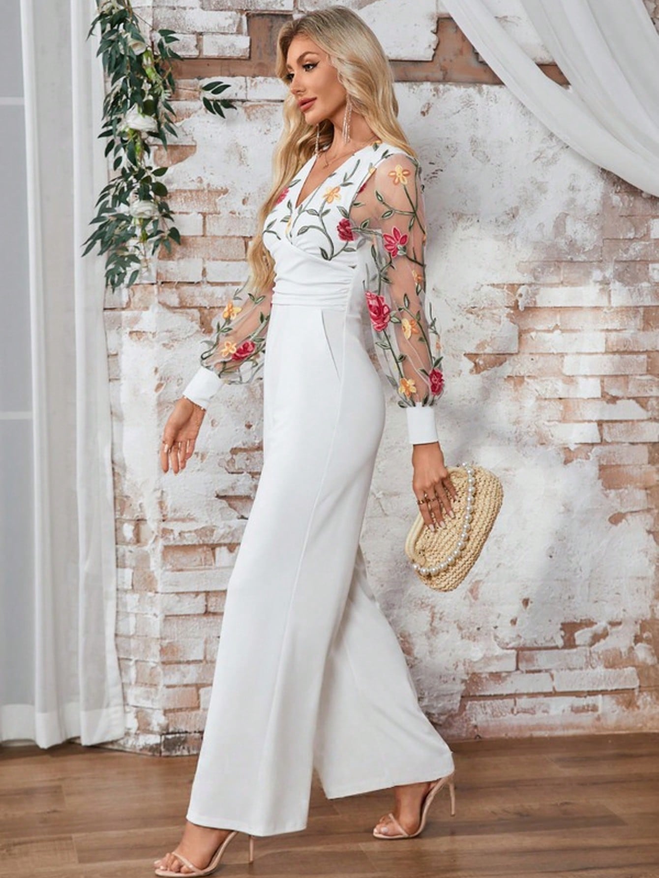 Embroidered V-Neck Long Sleeve Lace Jersey Maxi Jumpsuits