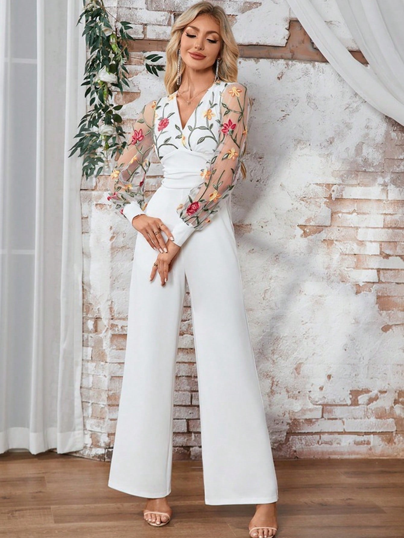Embroidered V-Neck Long Sleeve Lace Jersey Maxi Jumpsuits