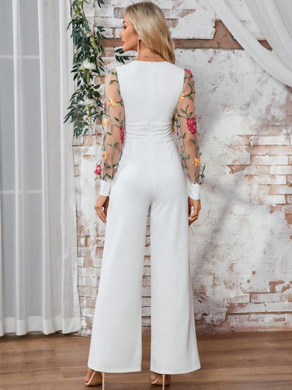 Embroidered V-Neck Long Sleeve Lace Jersey Maxi Jumpsuits