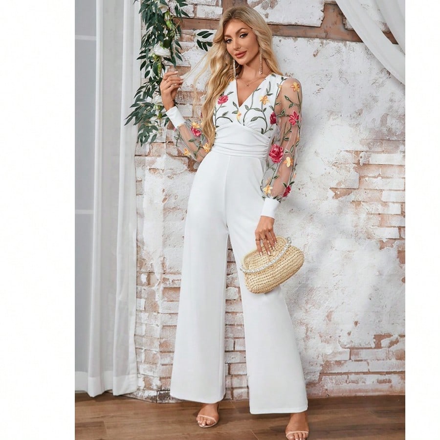 Embroidered V-Neck Long Sleeve Lace Jersey Maxi Jumpsuits