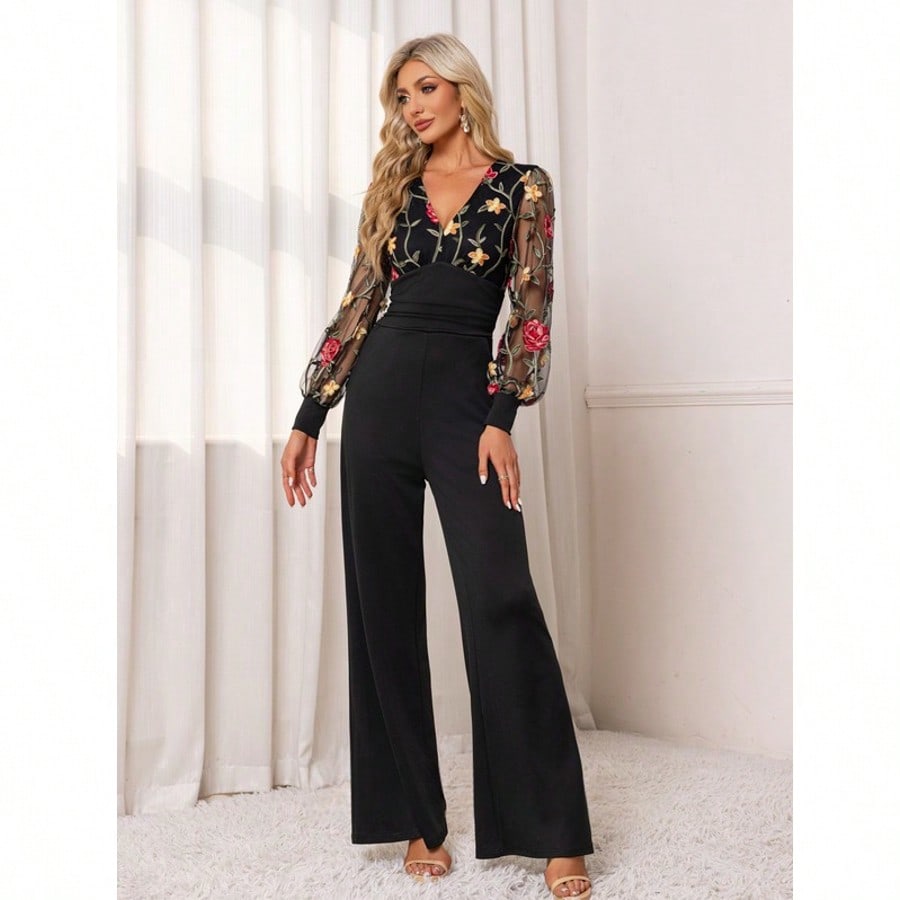 Embroidered V-Neck Long Sleeve Lace Jersey Maxi Jumpsuits