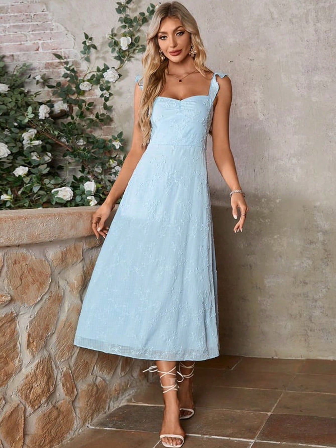 Bow Embroidered Sweetheart A-Line Chiffon Midi Dress
