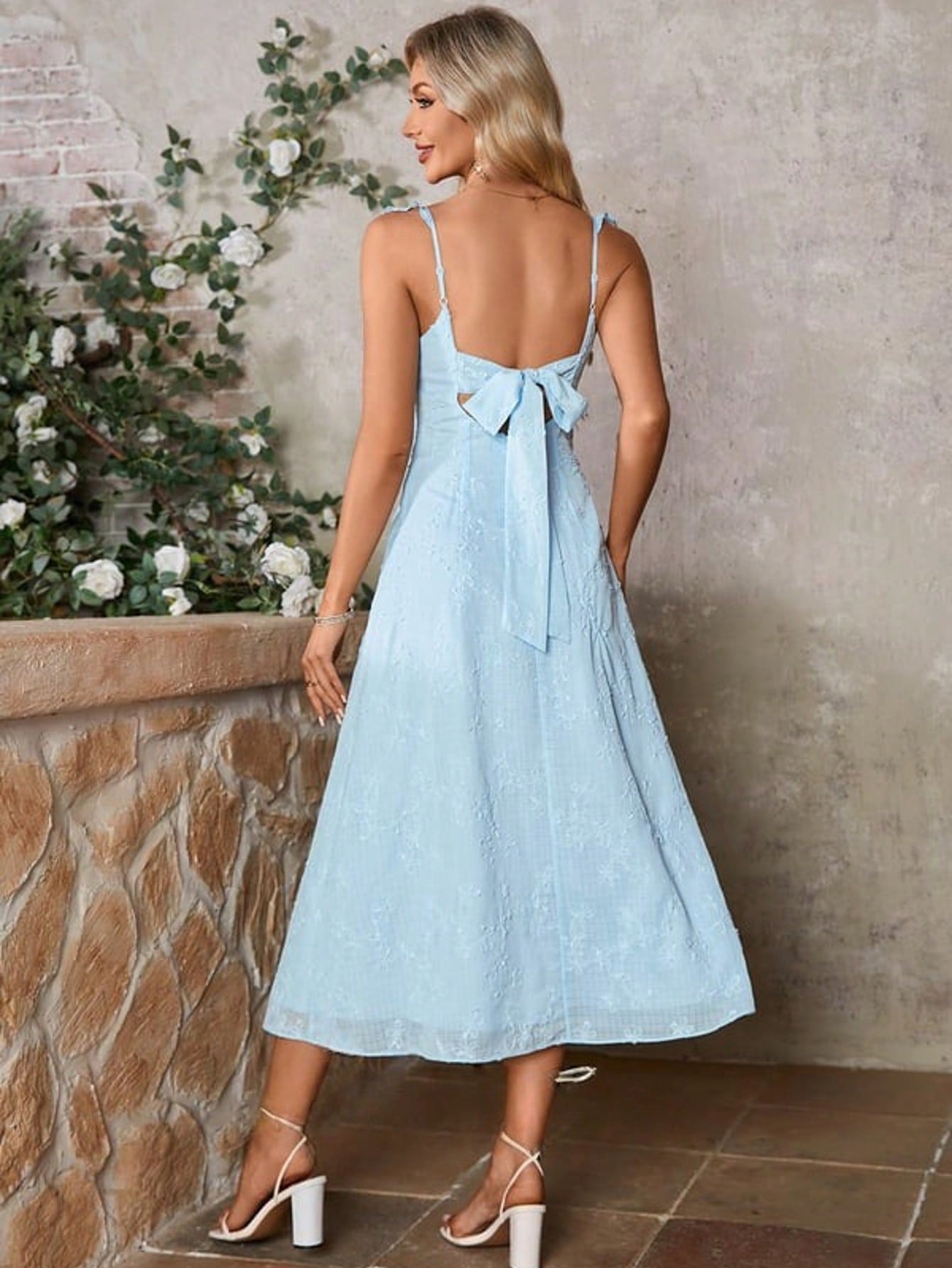 Bow Embroidered Sweetheart A-Line Chiffon Midi Dress