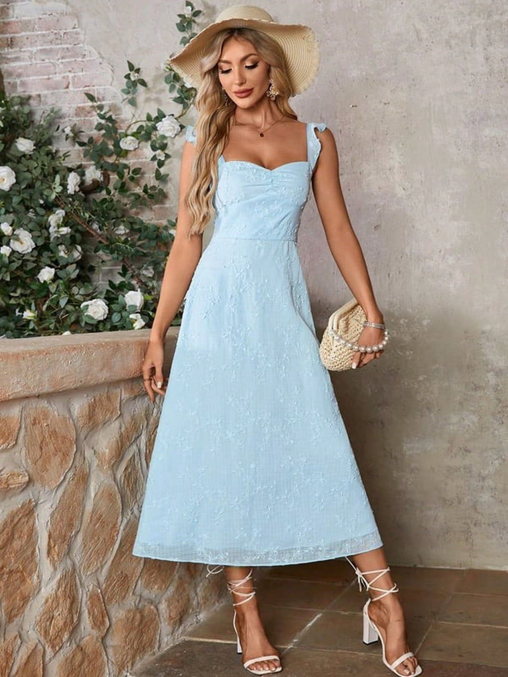 Bow Embroidered Sweetheart A-Line Chiffon Midi Dress