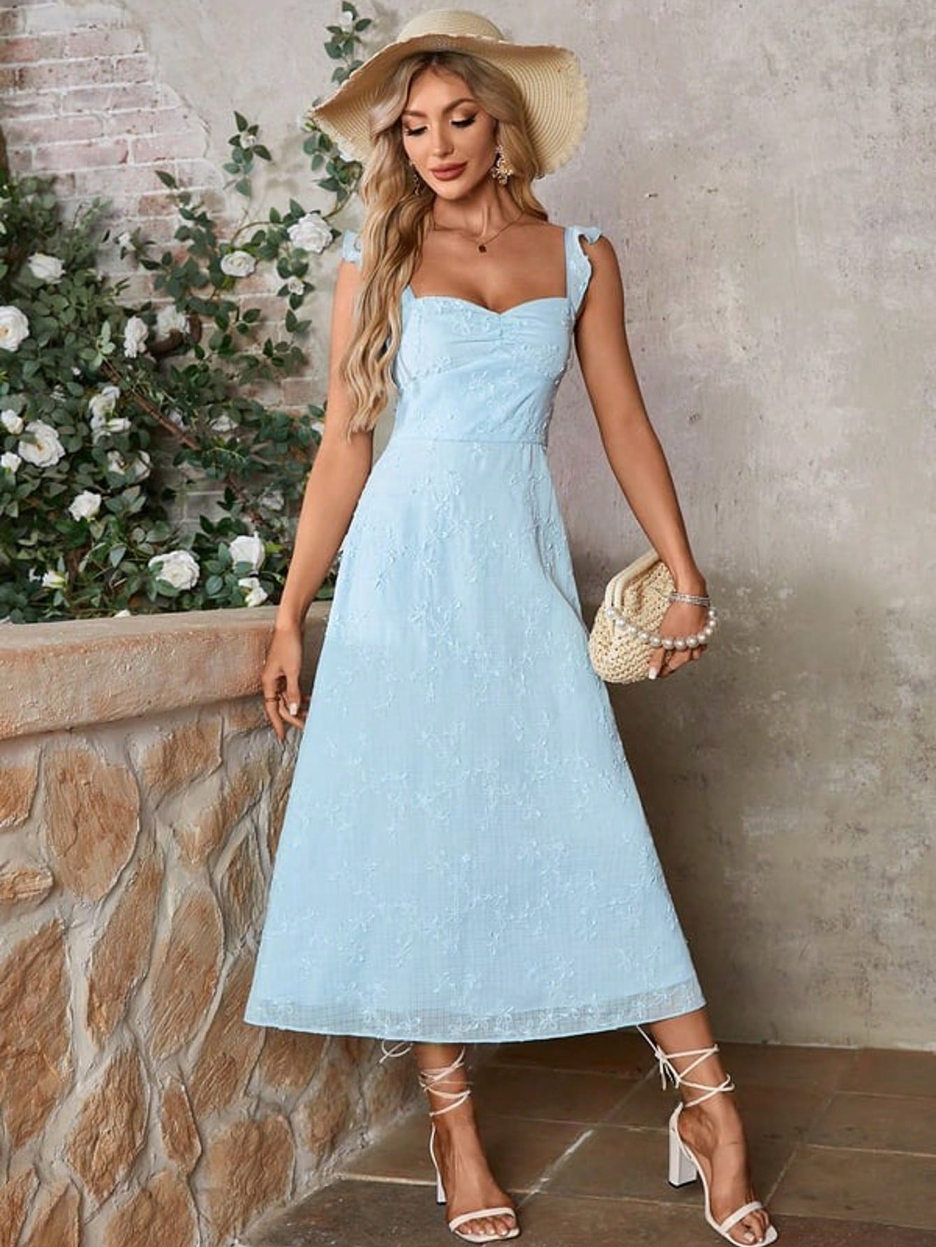 Bow Embroidered Sweetheart A-Line Chiffon Midi Dress