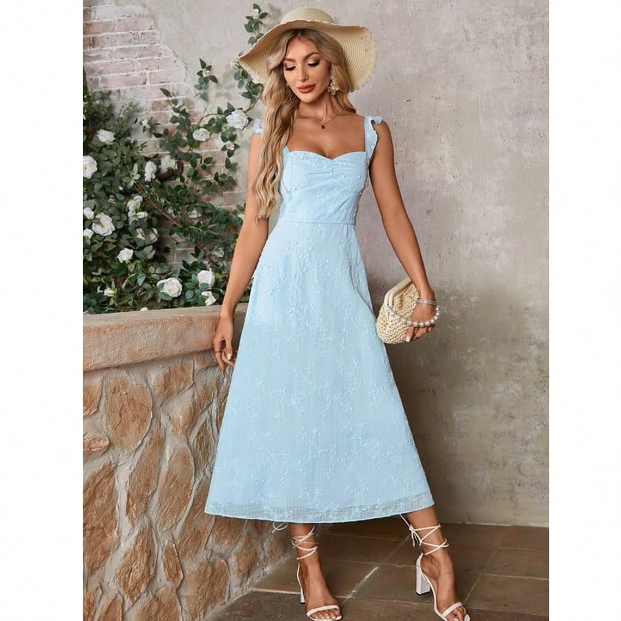 Bow Embroidered Sweetheart A-Line Chiffon Midi Dress