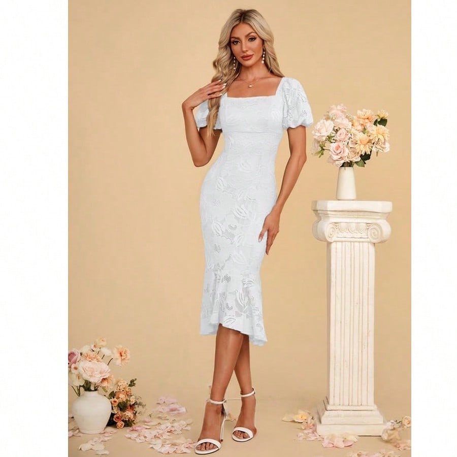 Trumpet/Mermaid Square Tea-Length Lace Cocktail Dress