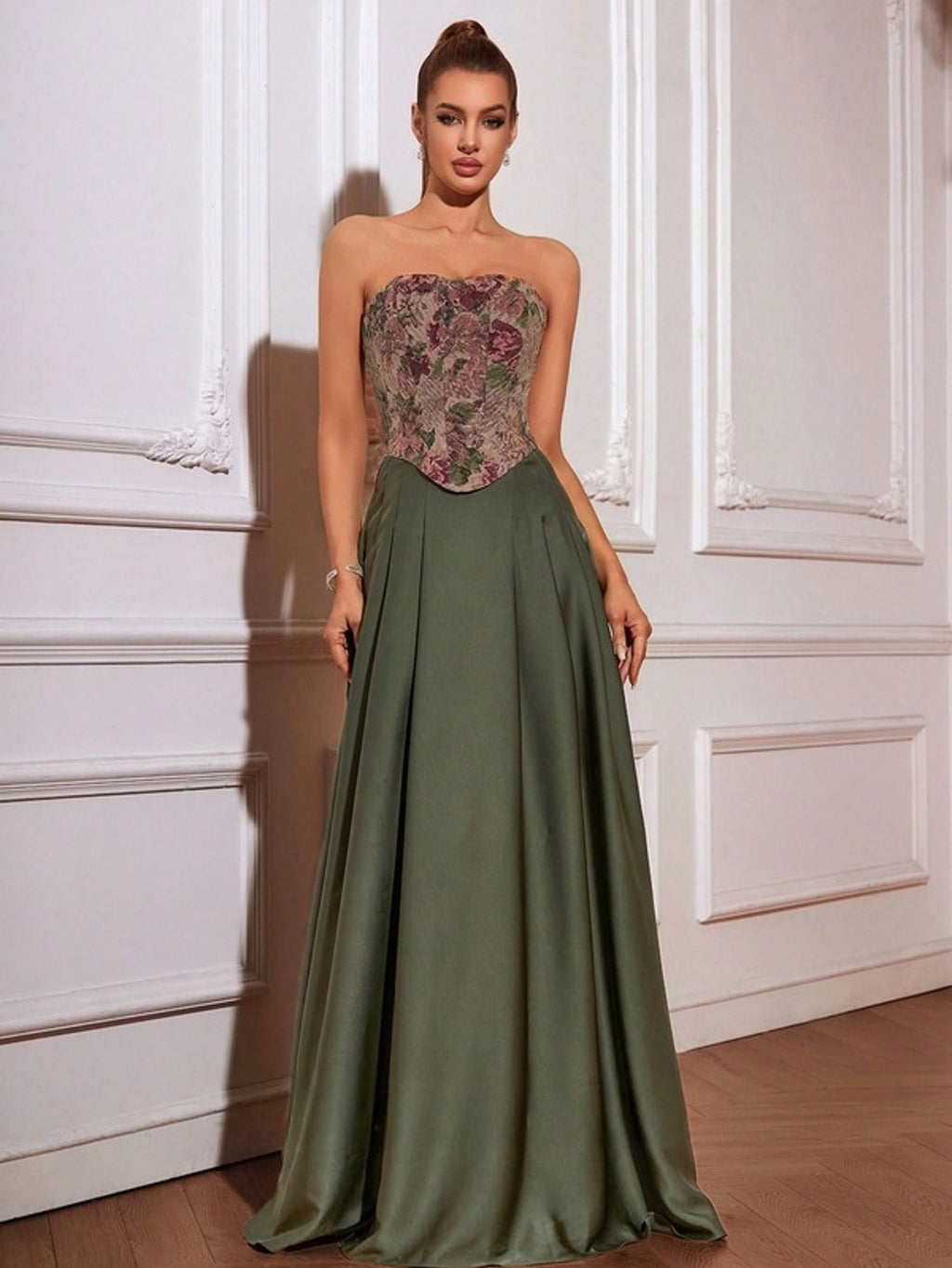 Strapless A-Line Satin Jacquard Floor-Length Prom Dresses