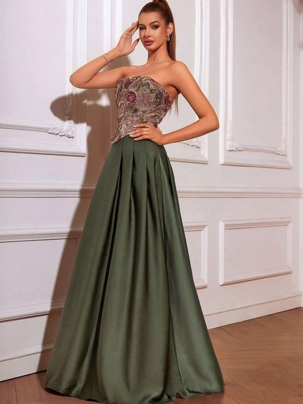 Strapless A-Line Satin Jacquard Floor-Length Prom Dresses
