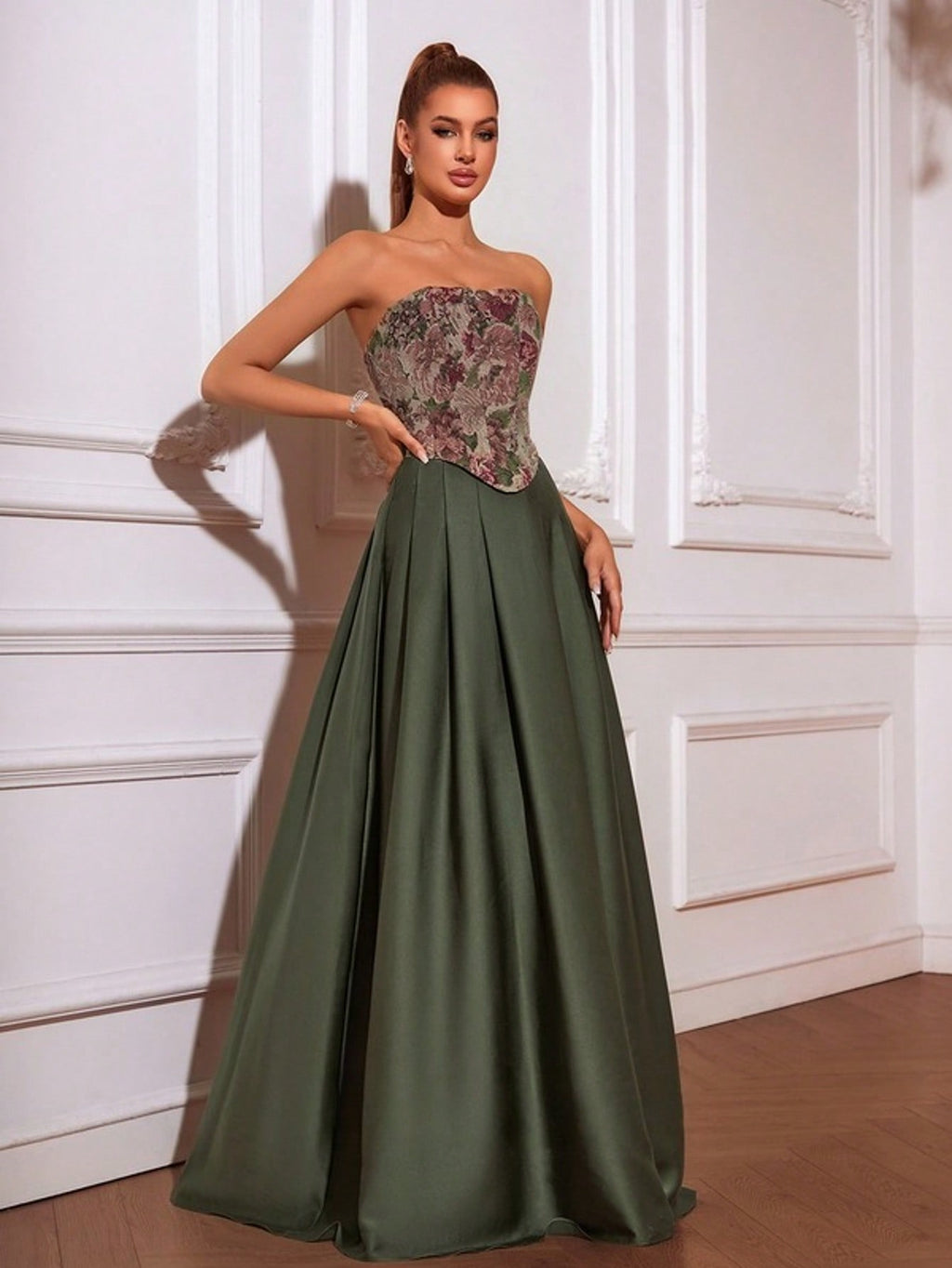 Strapless A-Line Satin Jacquard Floor-Length Prom Dresses