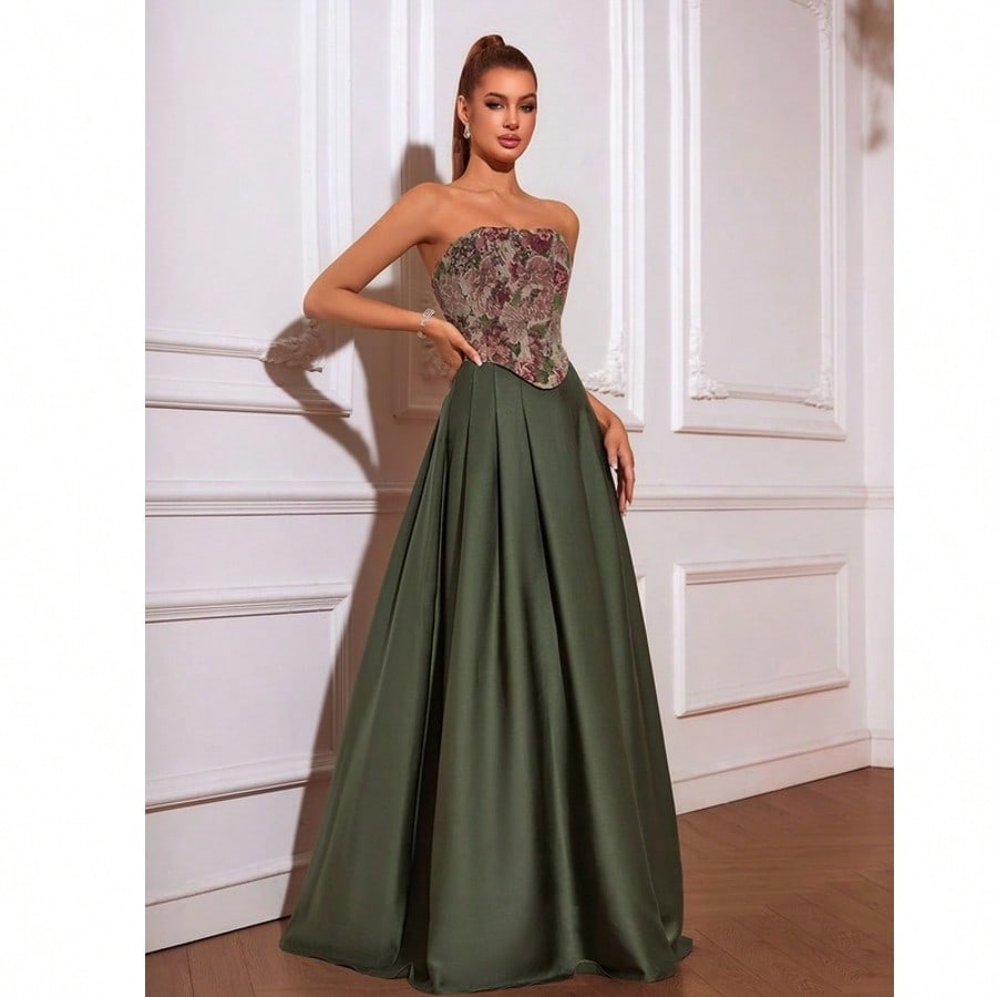 Strapless A-Line Satin Jacquard Floor-Length Prom Dresses