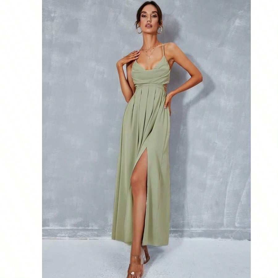 Pleated Cowl A-Line Chiffon Maxi Dress