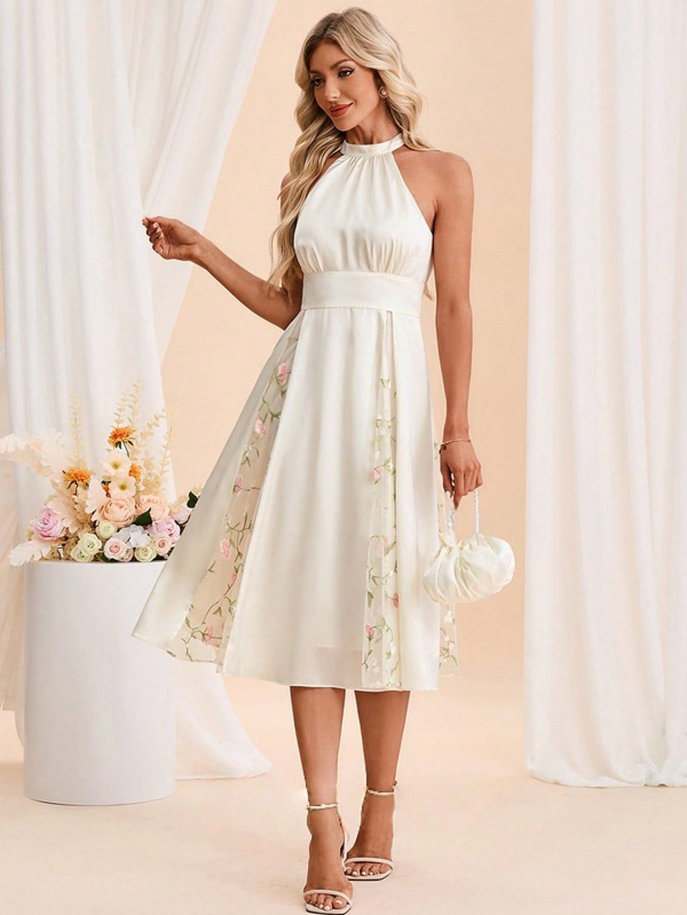 Halter Sleeveless A-Line Jacquard Satin Midi Dress