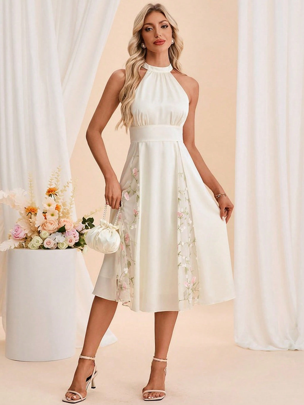 Halter Sleeveless A-Line Jacquard Satin Midi Dress