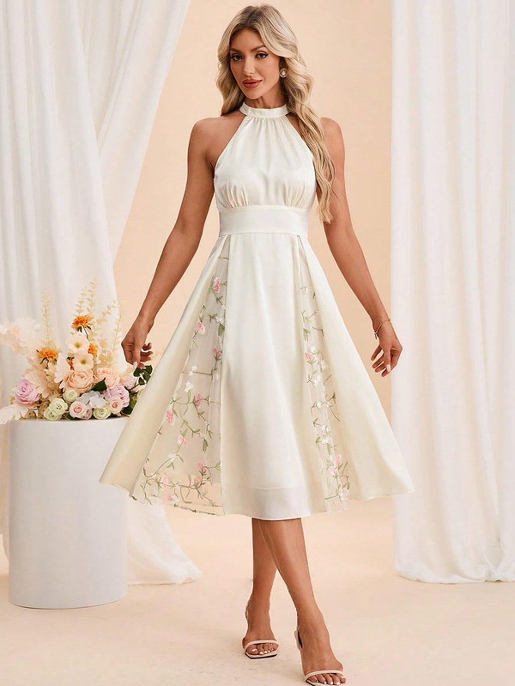 Halter Sleeveless A-Line Jacquard Satin Midi Dress