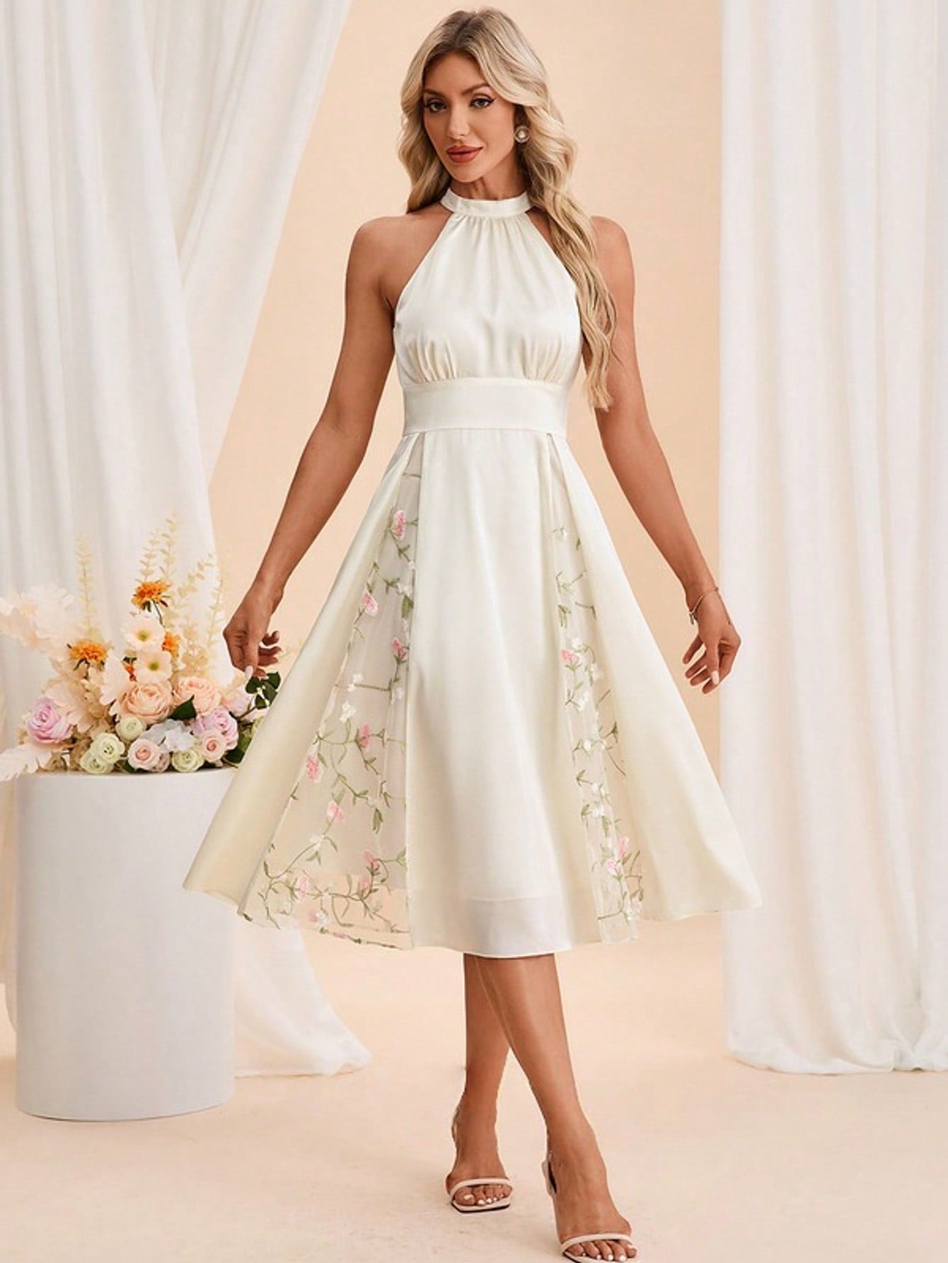 Halter Sleeveless A-Line Jacquard Satin Midi Dress