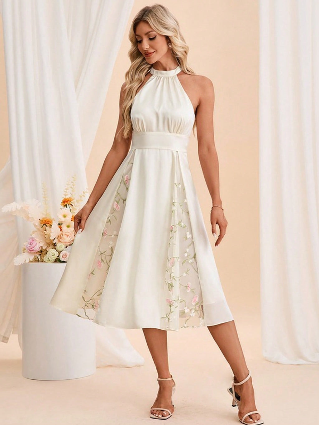 Halter Sleeveless A-Line Jacquard Satin Midi Dress