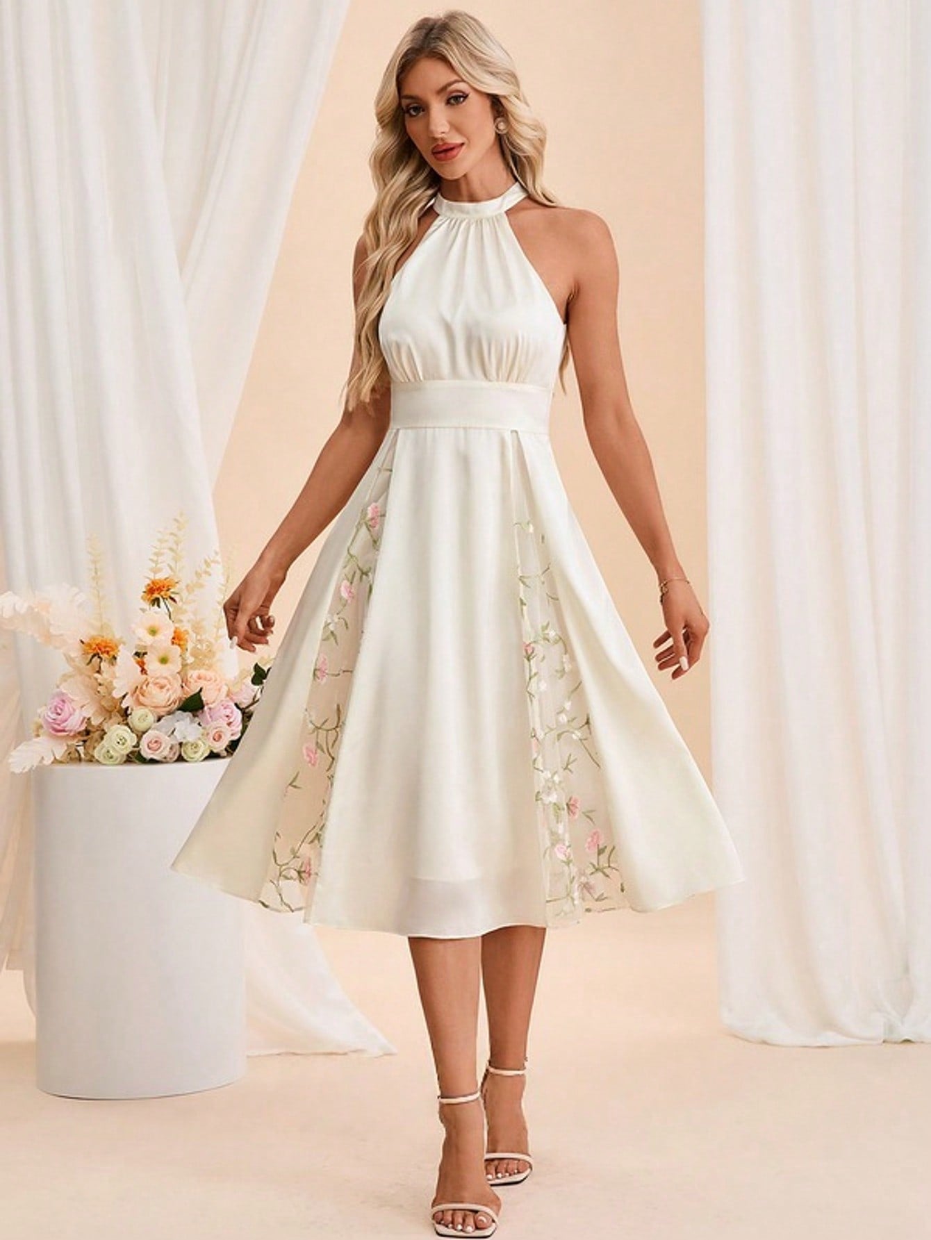 Halter Sleeveless A-Line Jacquard Satin Midi Dress